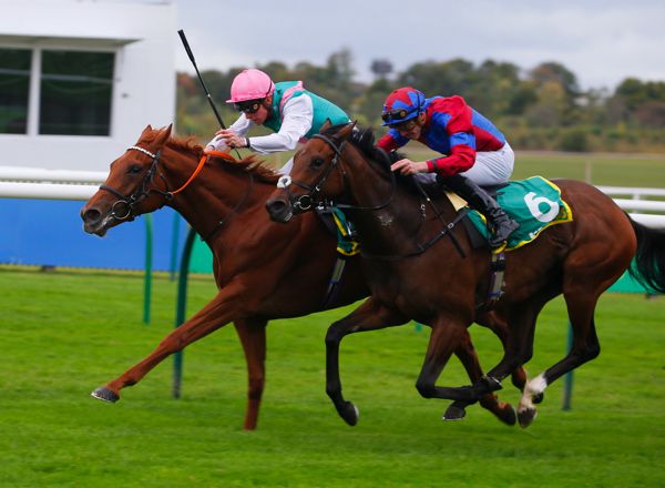 Powerful Breeze (nearside) battles it out with Quadrilateral in the Fillies' Mile at Newmarket