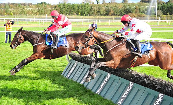 Darver Star, near side, jumps the last in pursuit of Fast Buck