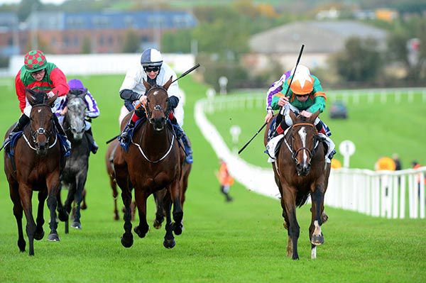 Solage (right) defeats Warnaq (centre) and Camphor in the Bluebell Stakes