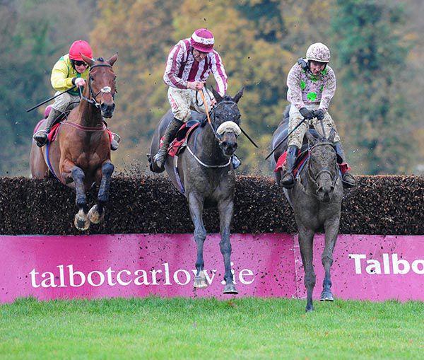 A great shot of winner Getabird (right) jumping with Paloma Blue (centre) and Castlebrook at Gowran
