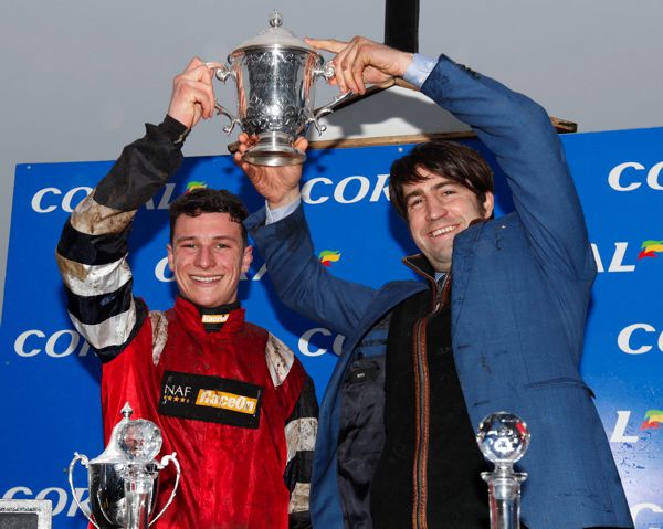 Christian Williams and rider Jack Tudor holding the Welsh National trophy