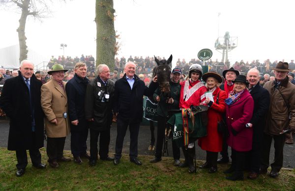 Lar Byrne, left of Total Recall, with syndicate members and connections after winning the Thyestes Chase
