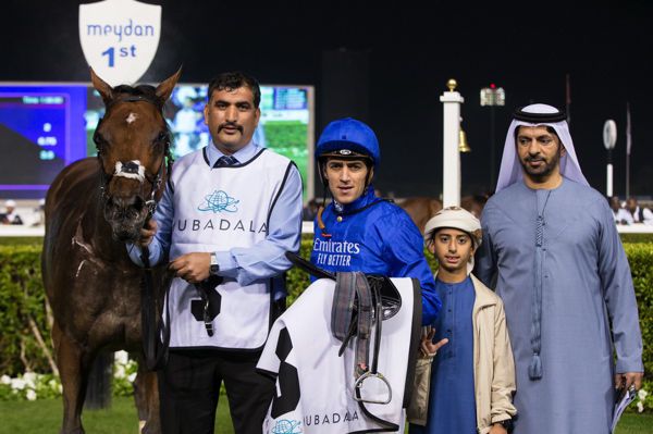 Benbatl pictured with Christophe Soumillon and Saeed bin Suroor after winning in Meydan