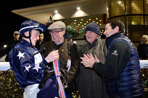 (L-R) Jockey Bill Lee, owners Hugo Kane and Mick O'Leary and trainer Conor O Dwyer