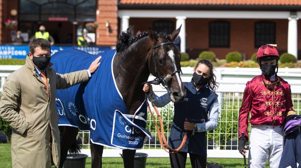 Kameko pictured with the masked Andrew Balding (left) and Oisin Murphy