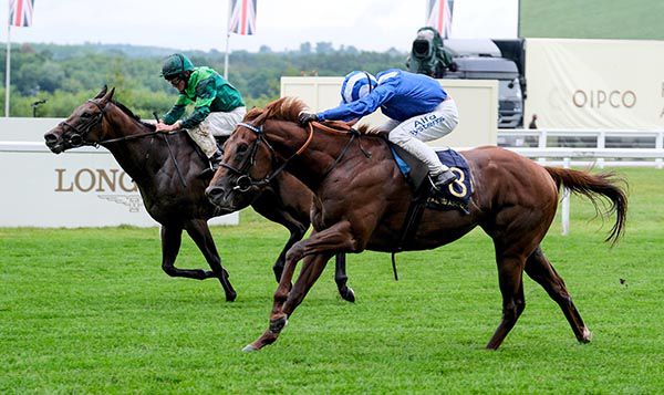 Molatham (Jim Crowley, nearside) beat Monarch Of Egypt (Ryan Moore)