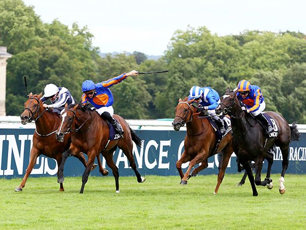 Fancy Blue (second left), seen winning the Prix de Diane, runs in today's Nassau Stakes 