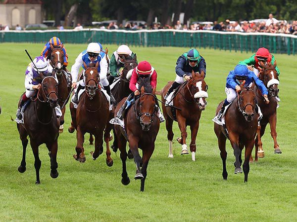 Mishriff (centre, red colurs) winning the Prix du Jockey Club at Chantilly last month