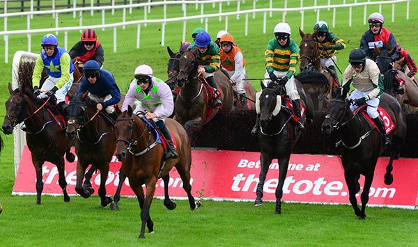 An action shot from the Galway Plate with eventual winner Early Doors in the cheekpieces