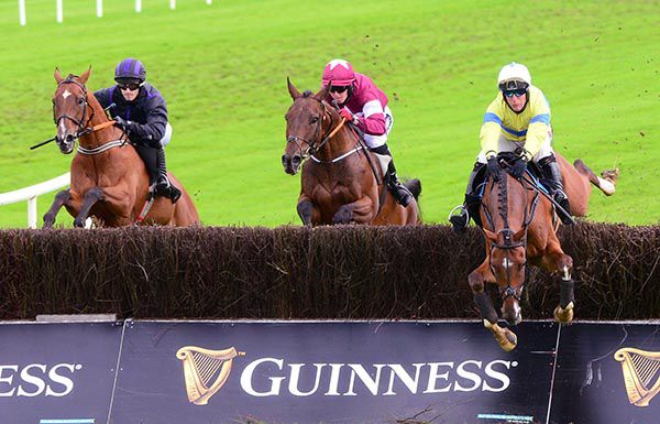 Polished Steel and Robbie Power (right) survived this error before winning the Rockshore Novice Chase 