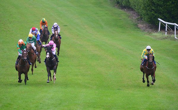Effernock Fizz (right) races away from the field with eventual winner Itsalonglongroad in the pink and white colours