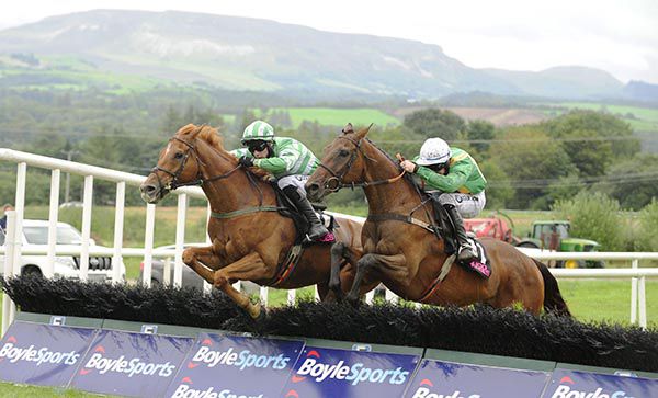 Mr Moondance (Kevin Brouder, far-side) leads Benefit Run and Luke Dempsey home