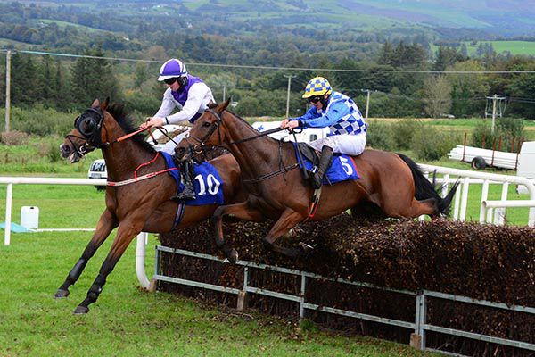 Gold Sun and Philip Enright (nearest) tackle Cantkidakidder at the last 
