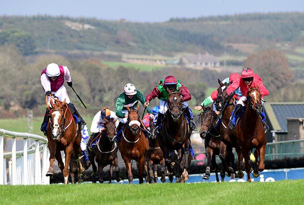 Grange Walk (left) is ridden out by Danny Mullins to beat Dare To Flare (red) and Master Artist (wine cap)