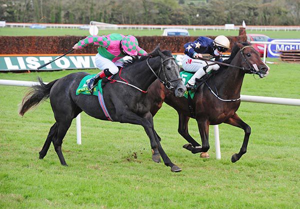 Ideal Pal (Declan McDonogh, nearside) got the better of Call Me Rocky (Colin Keane) in the finale at Listowel