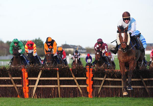 Oneknightmoreihope and Jack Gilligan (right) are nicely clear jumping the last