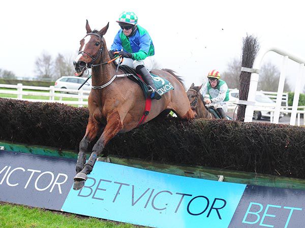 Stoughan Cross and Darragh O'Keeffe jump the last