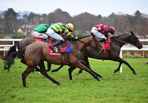 Drop The Anchor and Simon Torrens (nearside) come to beat Champagne Gold and Rachael Blackmore