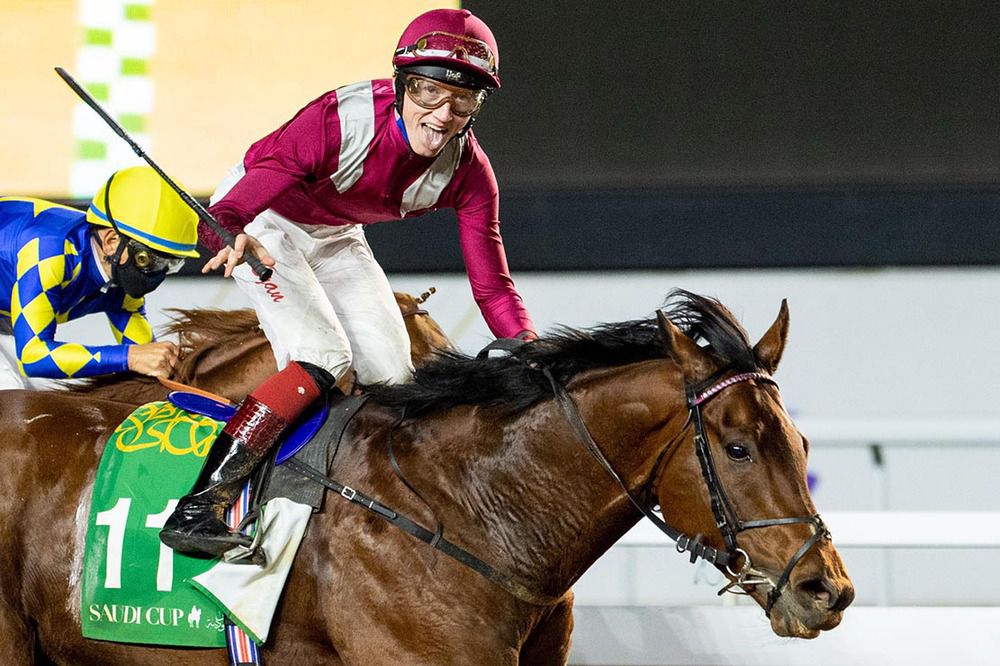 David Egan celebrates winning the Saudi Cup on Mishriff 