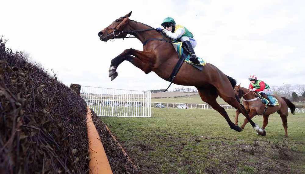 Cloth Cap and Tom Scudamore fly this fence en route to success at Kelso  