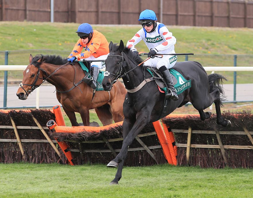 Monmiral (Harry Skelton, nearside) heads for home as Adagio 'misses' the last under Tom Scudamore