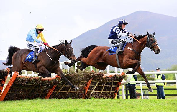 Snugsborough Hall and Eoin Walsh (right) jump the last ahead of Definite Pan