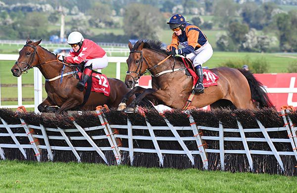 Junior Rattler (right) and Nodoubtaboutthat jump the last together