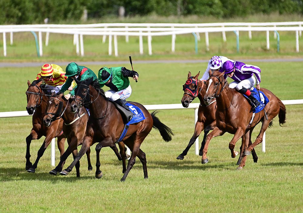 Let's and Niall McCullagh (green and black) swoop to victory 