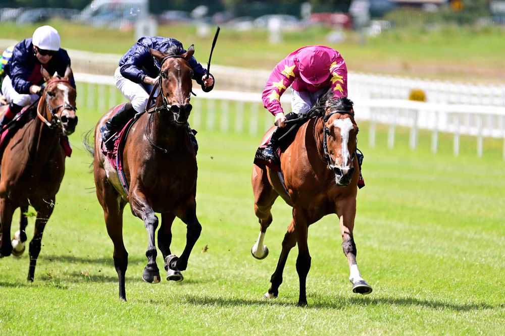 Thundering Nights (right) wins from Santa Barbara in the Pretty Polly Stakes