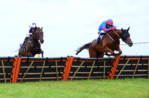Mr Caplan, far side, jumps the last in front of Quirt Evans