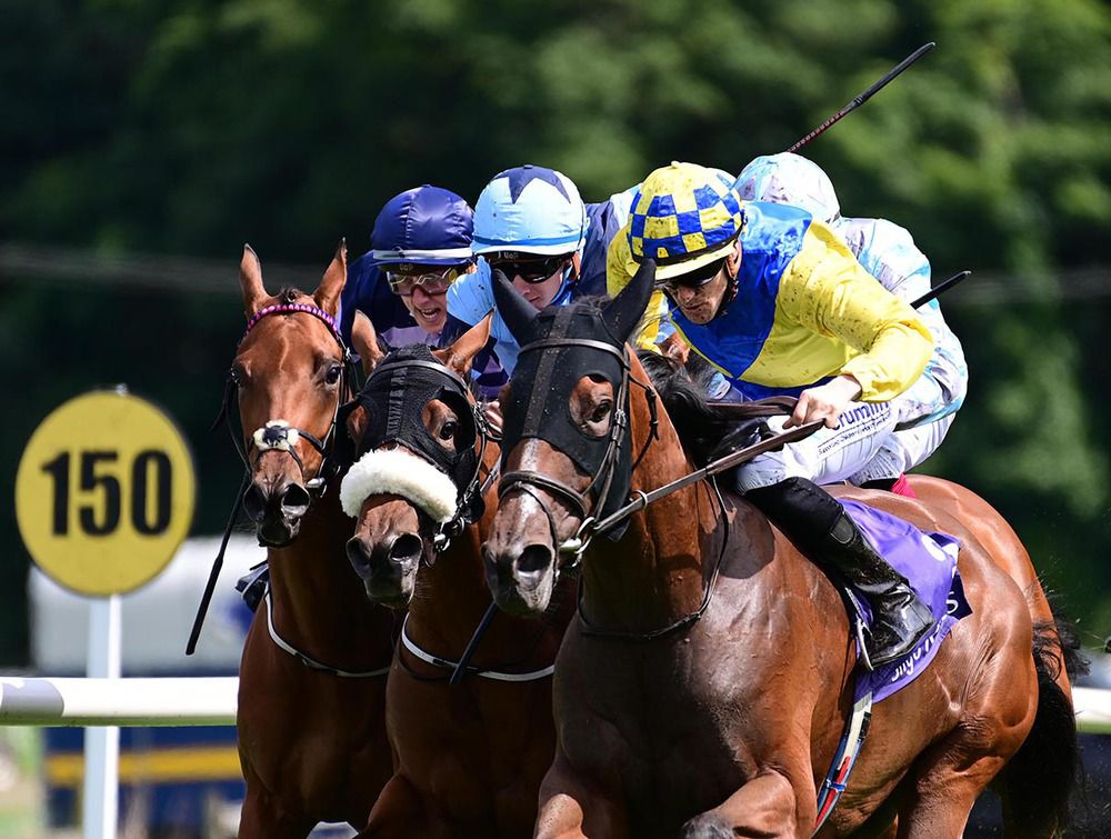 Miss Myers (leading) edges right in the closing stages hampering some of her rivals