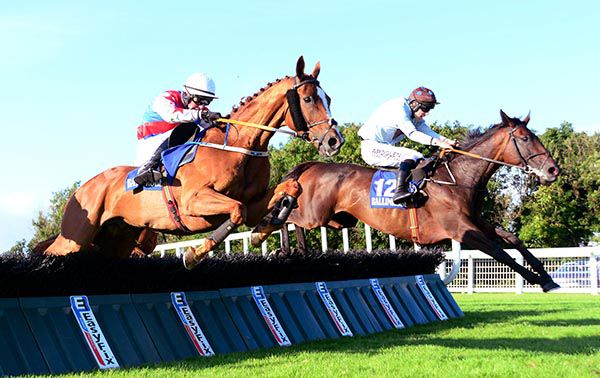 Icee M B A, right, jumps the last with Ocean Glandore