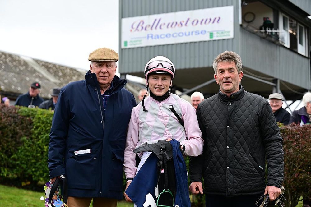 Gavin Ryan won on Curraheen Princess for trainer Des Donovan, right, and owner Tom Egan 