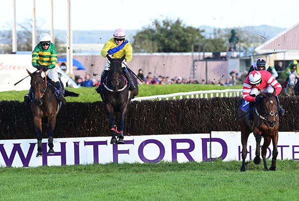 Take All (centre) jumps the last with Cayd Boy (left) and Mt Leinster (right)