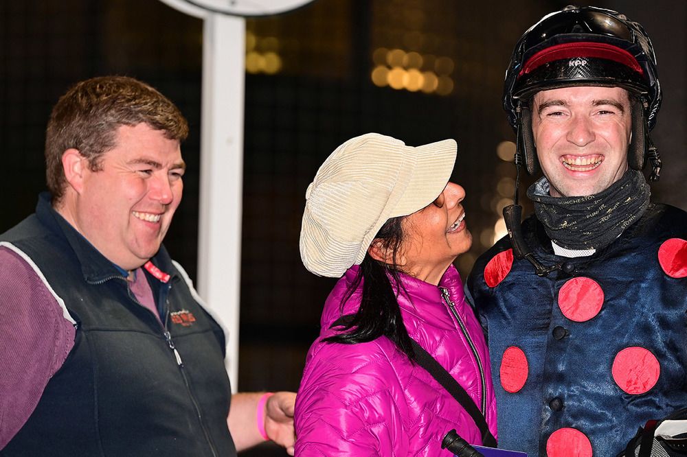 Anthony pictured with Rita Shah and jockey Jonathan Moore