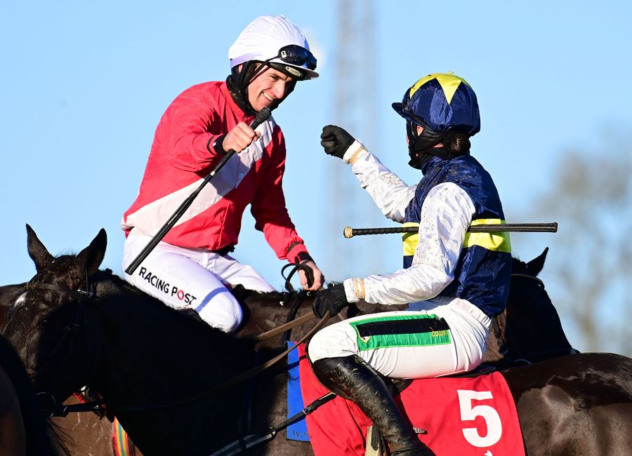 Patrick Mullins is congratulated by Bryony Frost after winning on Allaho at Punchestown