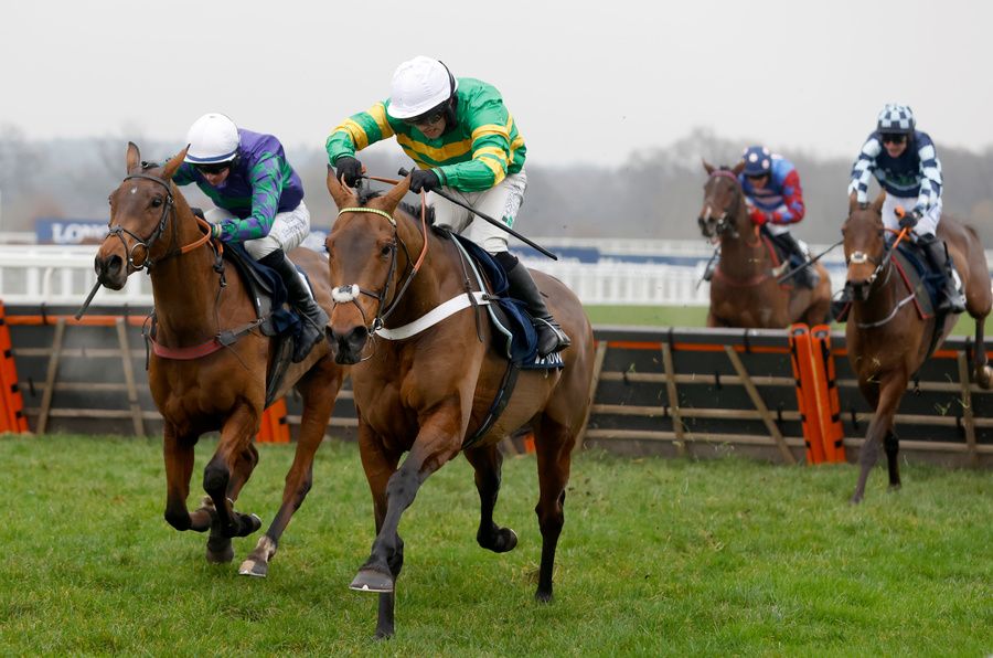 Champ (green and gold) seen beating Thyme Hill (left) at Ascot  
