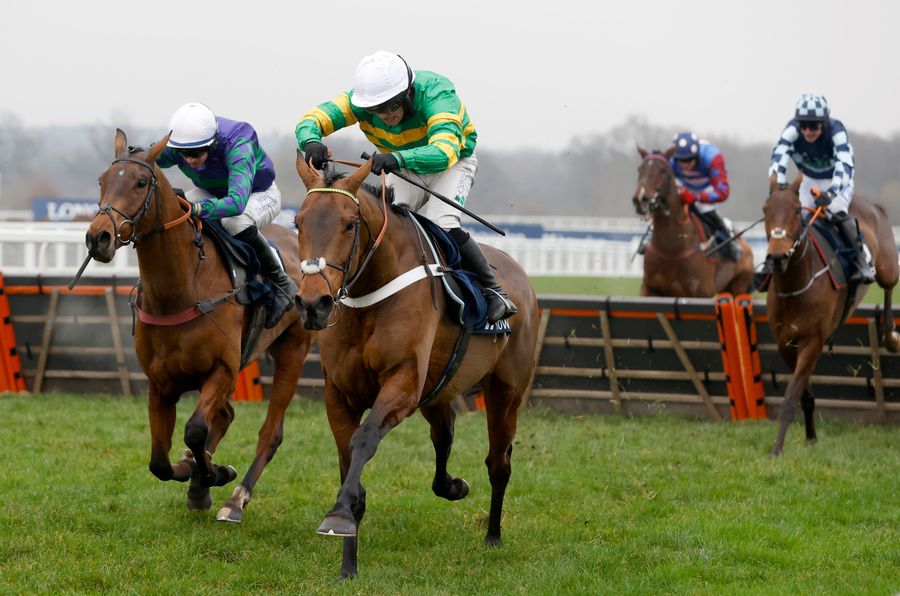 Champ (green and gold) seen beating Thyme Hill (left) at Ascot  