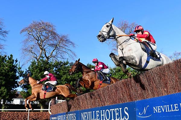 Fury Road and Jack Kennedy (centre) jump the last to win  from Run Wild Fred (white cap) and Vanillier (red)
