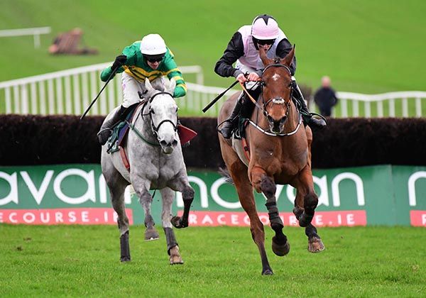 Champagne Platinum (grey) and Mark Walsh chase down Ain't That A Shame and Rachael Blackmore