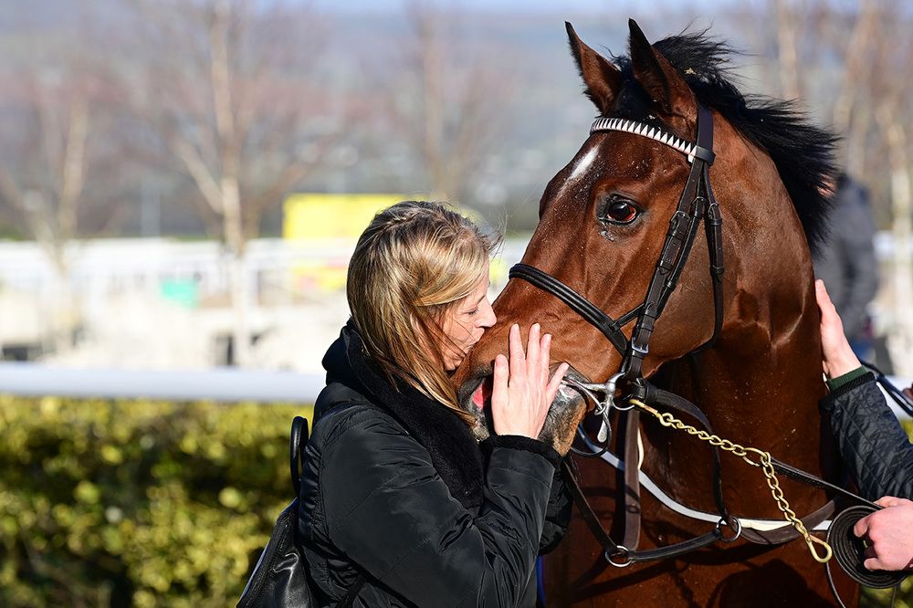 Elzaam Blue gets a kiss from owner Siobhan Ni Cheallaigh