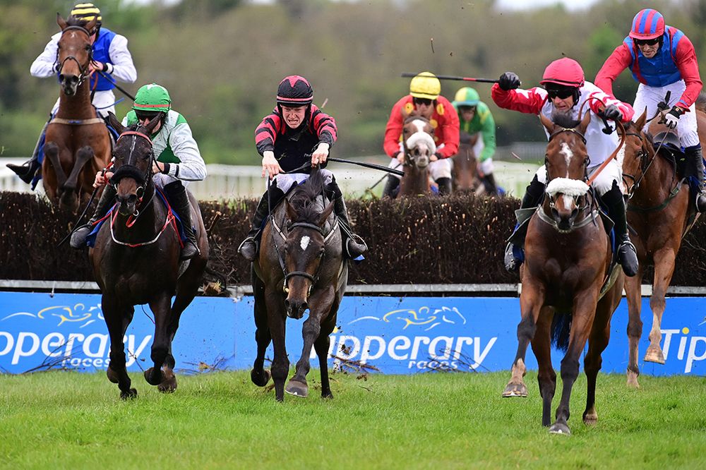 Its On The Line (centre) is ridden away from the last with eventual runner-up Nice To Meet in front