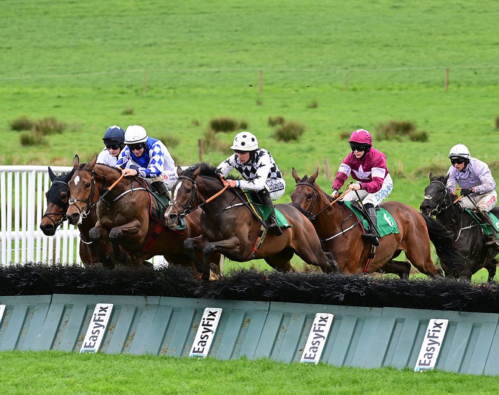 Wild Shot, spotted cap, moves into contention over the last