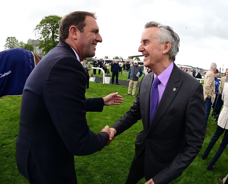 Charlie Appleby with Jim Bolger after winning the Irish 2,000 Guineas through Native Trail at the Curragh in May