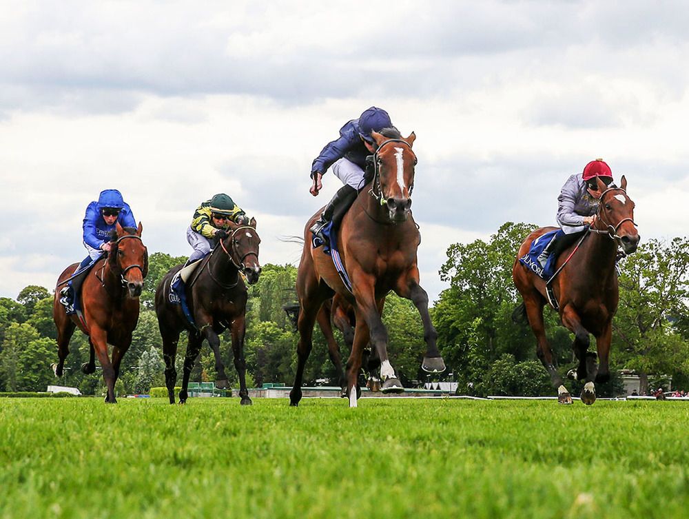 Above The Curve and Ryan Moore (navy) win the Prix Saint Alary