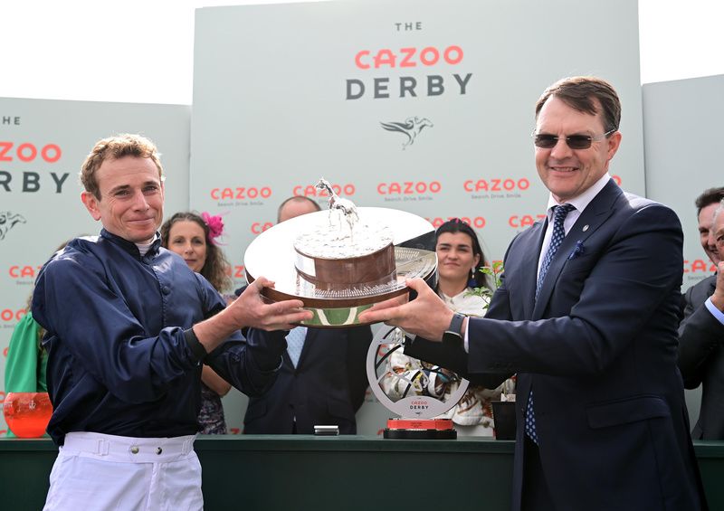 Ryan Moore and Aidan O'Brien pictured after winning the Cazoo Oaks with Tuesday earlier this month