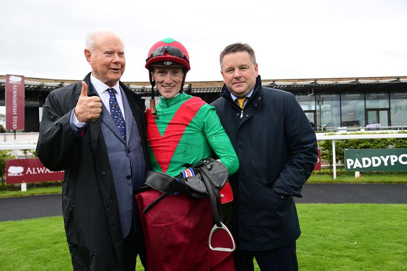 Paddy Twomey (right) with Billy Lee and owner Barry Irwin of Team Valor after La Petite Coco's win in the Pretty Polly
