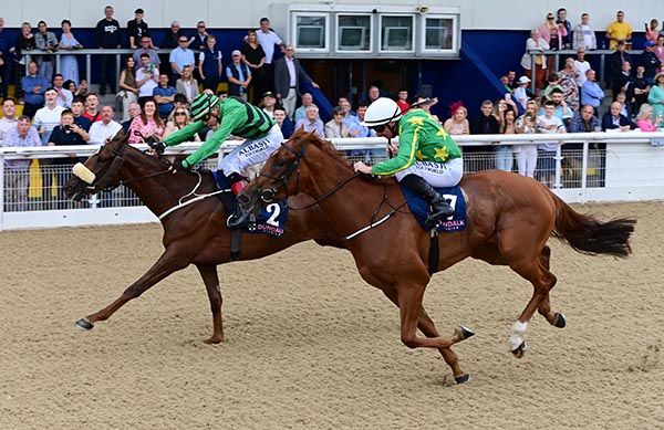Ceallach (far side) is ridden out by Ronan Whelan to beat Regally Blonde