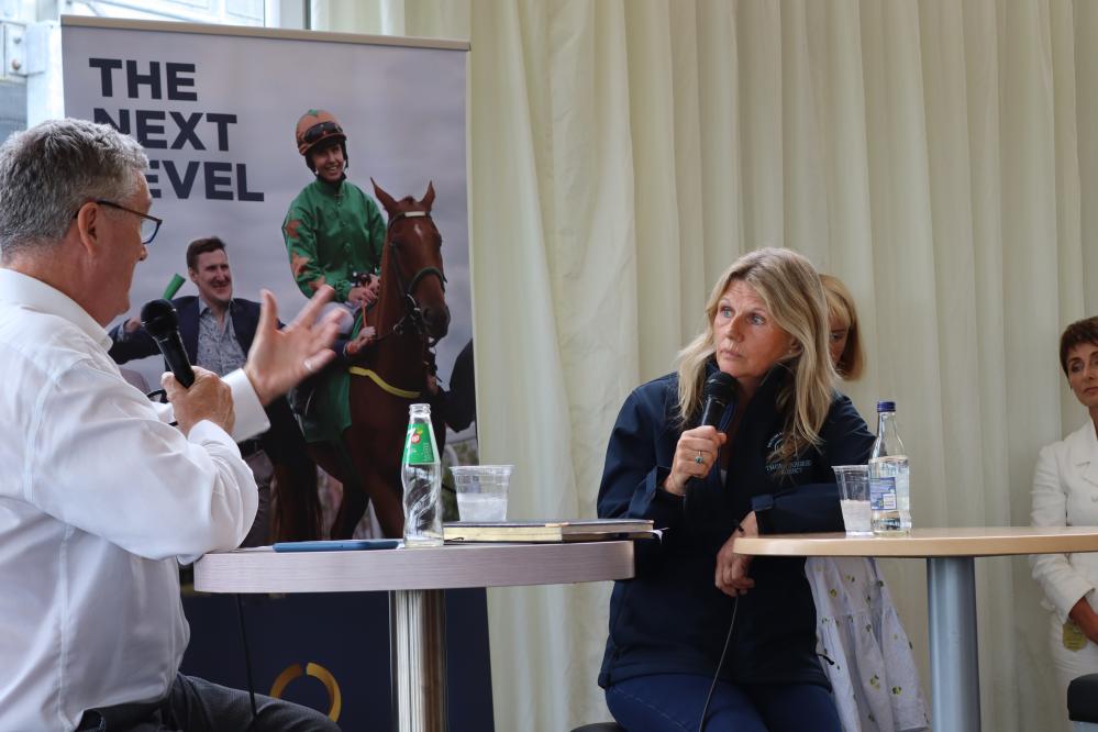 Suzy discussing the rehoming of racehorses with Irish Field editor Leo Powell
