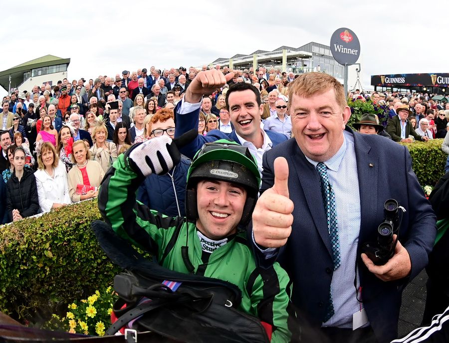 Shark Hanlon, Jordan Gainford and owner T J McDonald celebrate Hewick's Galway Plate win